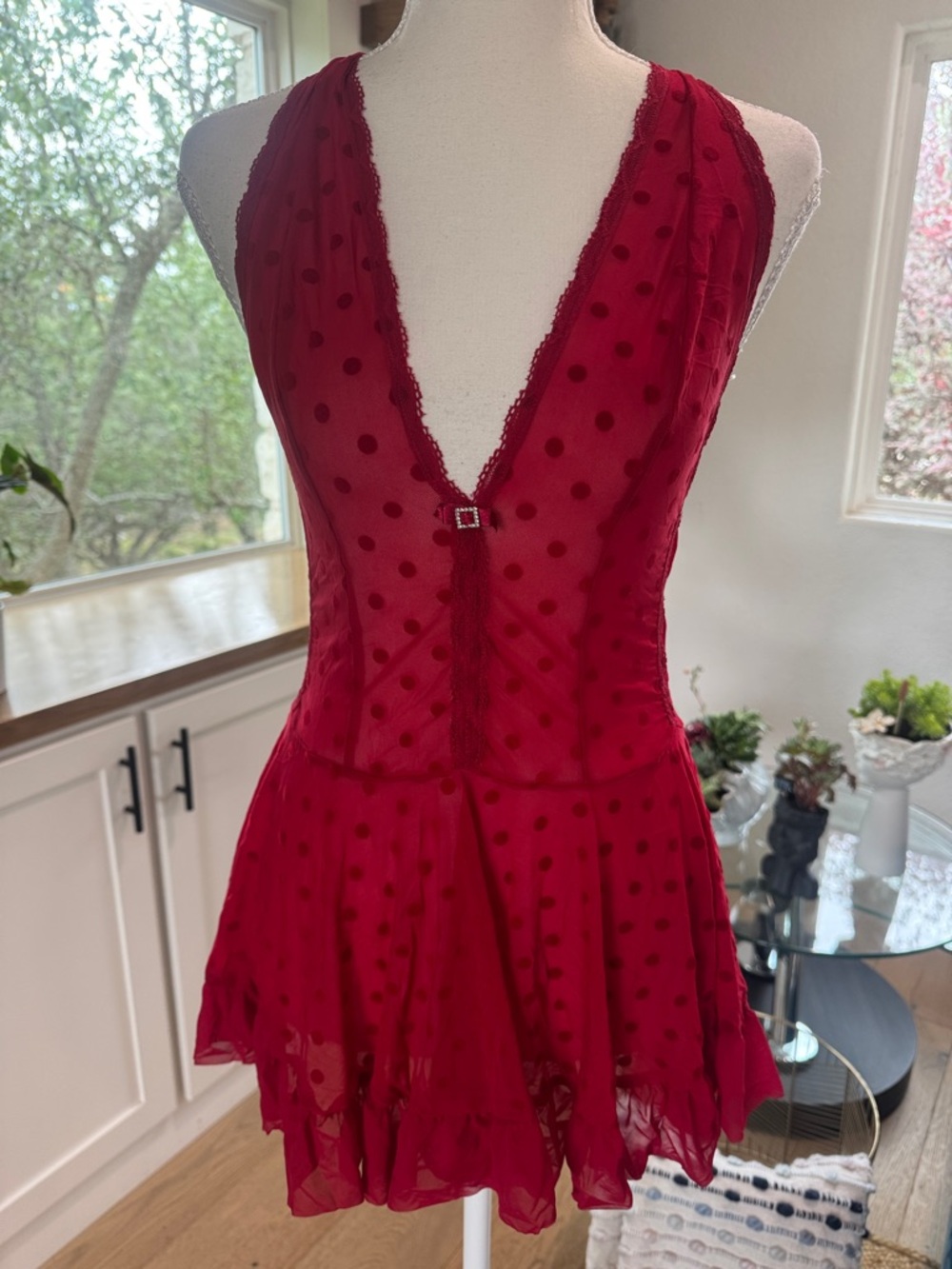 Red Polka Dot Sheer Deep V Lingerie Size SM